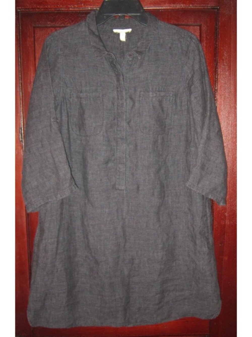 Eileen Fisher S 100% Organic Linen Dress Tunic Popover Chambray Gray 3/4 Sleeve